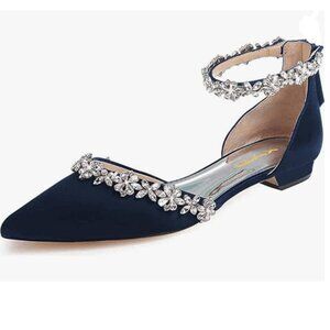 XYD Navy Pointed Toe D'Orsay Sparkly Rhinestones Ankle Strap Wedding Sandals